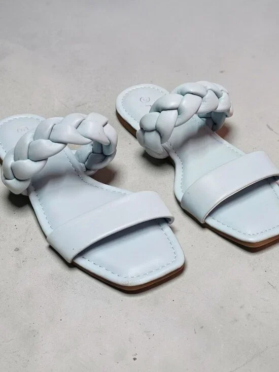Braided Strap Light Blue Square-Toe Womens Sandals - Picture 2 of 8